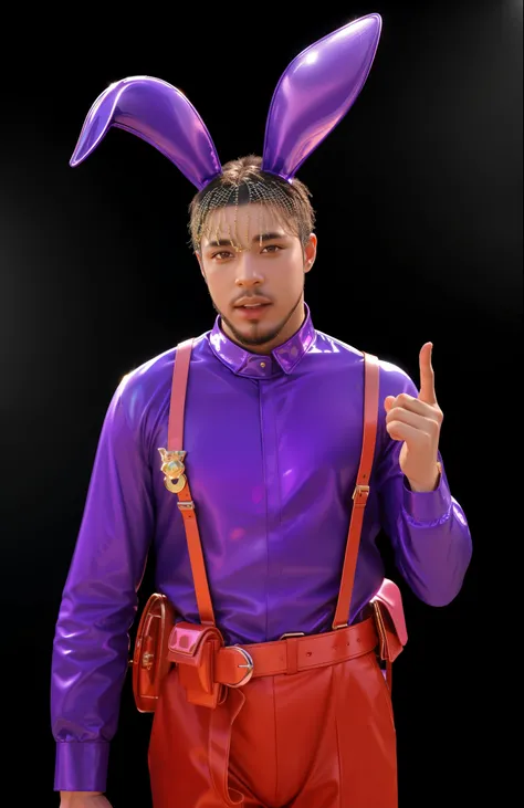 purple bunny ears on a mans head, guy using the purple fancy suit, bad bunny, afroamerican black man, man in a jester costume, wearing cybernetic bunny ears, as a fortnite character, rabbt_character, male jester, chuck e. cheese head, bunny suit, tina turn...