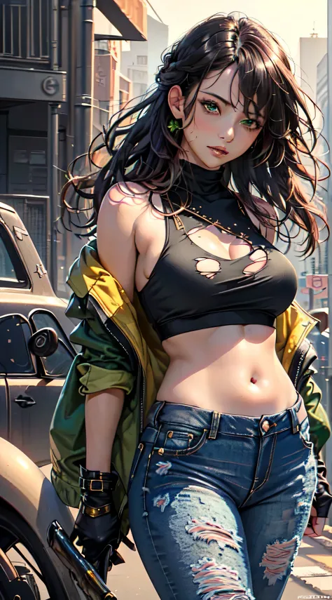 (Masterpiece, Best Quality, Details Shiny Skin: 1.2), Flawless, 8k, RAW, High Resolution, (1 Girl: 1.3), Realistic Textures, Torn Jeans, Green Crop Top, Ultra, Perfect big Breasts, Bare Shoulders, Belly Button, Areola, black Hair, Long Hair, Straight Hair,...