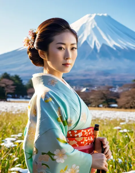 ((Half body Portrait of Beautiful Young Japanese Woman )), (( Traditional kimono outfit)), High-class Lady,( Meiji Fashion Style),(( Vintage Color Photo)),((Outdoor photography in a beautiful meadow)) (( In the background is Mount Fuji with snow covering ...