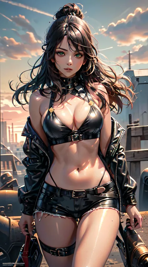 (Masterpiece, Best Quality, Details Shiny Skin: 1.2), Flawless, 8k, RAW, High Resolution, (1 Girl: 1.3), Realistic Textures, Naked, Leather jacket, Perfect big Breasts, Bare Shoulders, Belly Button, Areola, black Hair, Long Hair, Straight Hair, green eyes,...