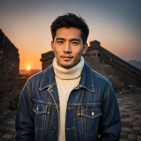 an Indonesian handsome man (30 years old, oval and clean face, Indonesian-style skin, wearing a thick winter jacket, jeans) standing posing like a model on the Great Wall of China, photo slightly tilted to the side, visible face, atmosphere night, minimal ...