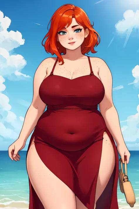 1woman, ginger, freckles, summer dress, wide hips, thick thighs, chubby belly. pear shaped body. wider hips, fat, 