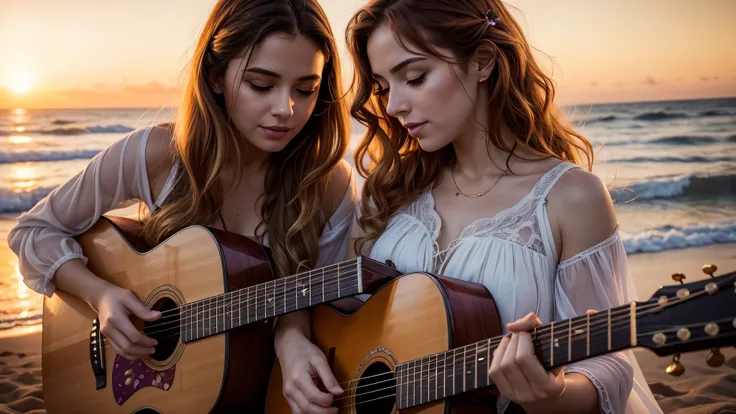 ((best quality)), ((masterpiece)),(detail), perfect face, full body shot of two grandparents passionately playing the guitar by the beach, a purple sunset, rose petals flying across the sky, woman wearing a silk dress, woman with blonde and curly hair, bea...