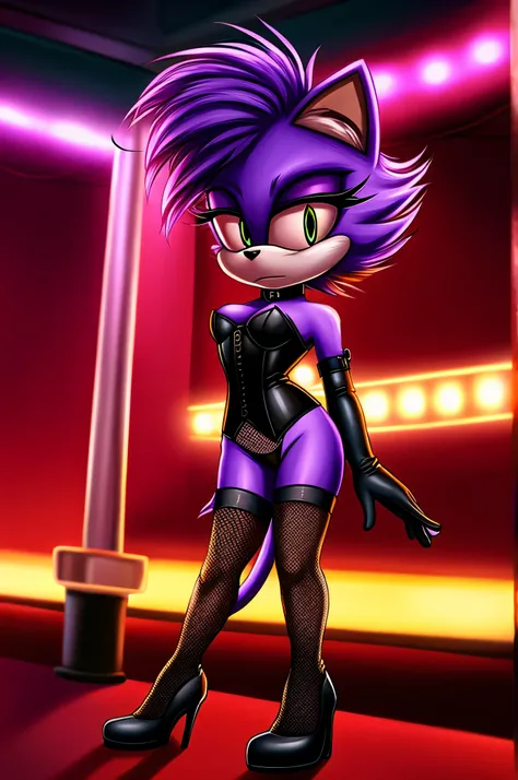 Mobian, short, 4-feet tall, cat, Purple fur, photorealistic, cinematic lighting, cinematic shadows, female, highly detailed, black corset, fishnet stockings, black boots, black elbow gloves, strip club, black panties