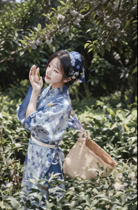 A Chinese girl wearing a blue traditional Chinese dress stands in a tea plantation, Traditional Beauty,  Wearing traditional tea picking clothes