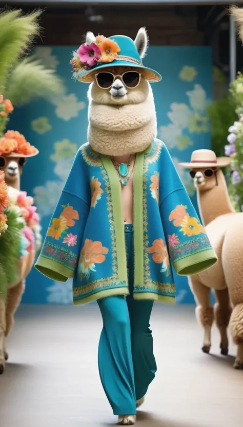 Cute alpaca fashion show， Alpaca Personified，whole body，Fashion trends for summer 2024，Floral，blue，green，color，Charming Alpaca，Enchanting Alpaca，Walking on a catwalk，Dynamic poses，Cool，sunglasses，necklace，hat，Fashion，make up，Cartoon，background：Fashion show...