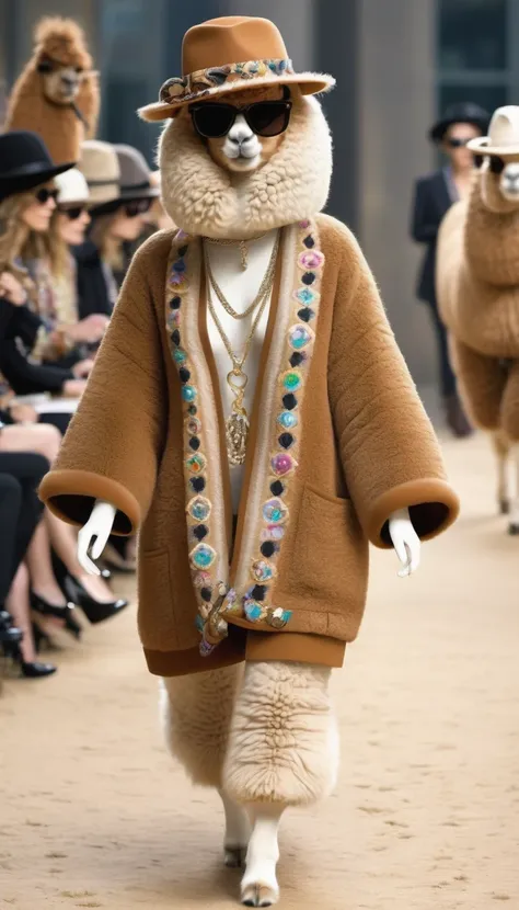 Cute Alpaca Fashion Show， Alpaca，whole body，Chanel fashion trends 2024，personification，Charming Alpaca，Enchanting Alpaca，Walking on a catwalk，Dynamic poses，Cool，sunglasses，necklace，hat，Fashion，make up，Cartoon，background：Fashion show catwalks