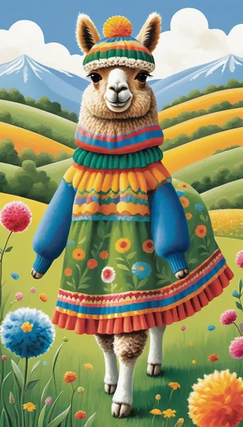 fluffy alpaca wearing a colorful pom-pom hat and a dress, standing in a rolling green field, whimsical and cheerful illustration...