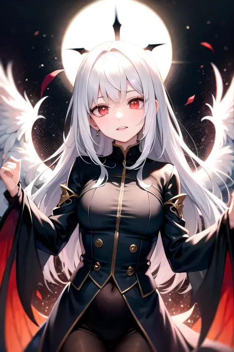 White hair, red eyes, god, wings
 