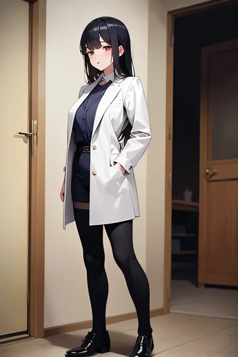 Full body shot of an Asian female researcher，White coat，Black hair，