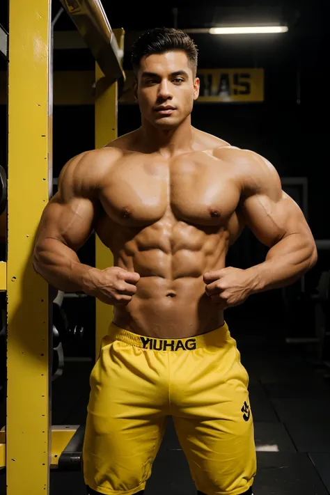 in black and yellow, the yellow portion emphasized, he is posing on the gym scenery bodybuilder