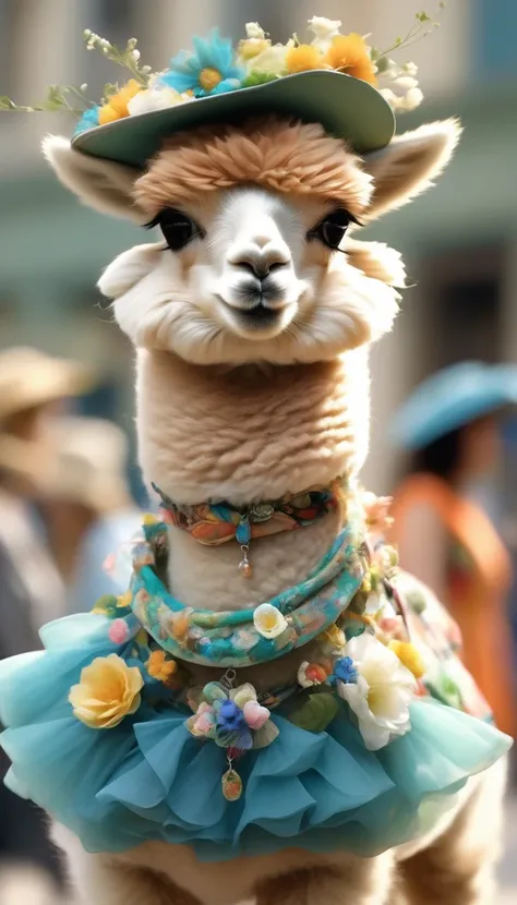 in style of Avant-garde , portrait，（Cute alpaca fashion show）， Alpaca Personified，whole body，Fashion trends for summer 2024，Floral，blue，green，Khaki，milky，Charming Alpaca，Enchanting Alpaca，Walking on a catwalk，Dynamic poses，Cool，Cute big eyes，necklace，hat，F...