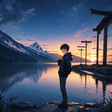 A Boy wishing something,place it in a beautiful scenery,night time