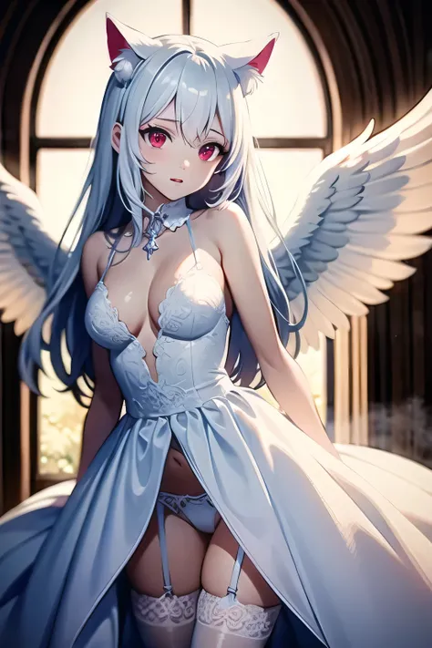 White hair, long hair, cat ears, red eyes, wedding dress, white garter belt with angel wings