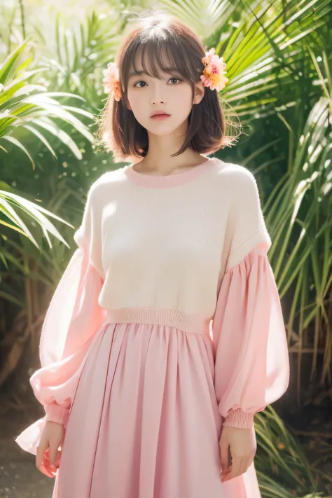 Dried flower、Beautiful Japanese Girls。Creates a high-quality feminine image with an innovative artistic atmosphere that stands out in pastel colors。she has her own fashion style、Wearing bright and soft pastel colored outfits。Against the background of a fan...