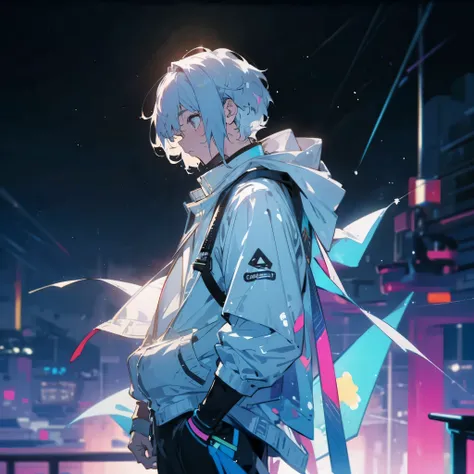 {Boy}, {white hair},{short hair},{hansome} ,{wearing cyberpunk hoodie}, {full body angle view}, {neon lights},{on top of a building},{clear},{definite},{intelligible},{unequivocal},{perceptible},{manifest},{limpid} {unmistakable},{noticeable},{unblurred},{...