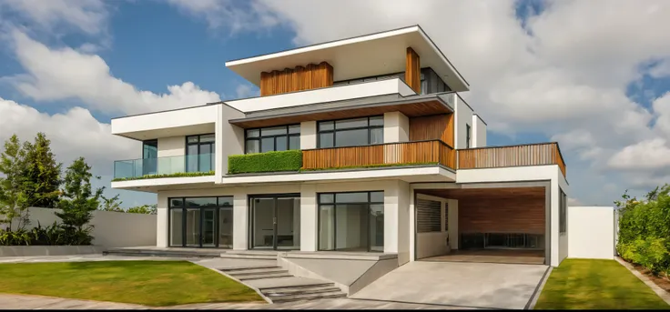 Raw photo,Masterpiece, high quality, best quality, authentic, super detail,
outdoors, house style modern,bietthuhn, white wall, glass windows, gate
road,pavement, grass, trees, sky, cloud, (day:1.1),