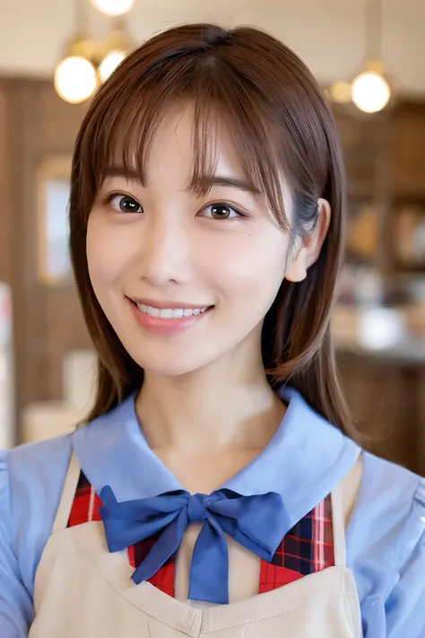 masterpiece, close up of face, front-facing view, a Japanese young pretty woman, 17 years old, (Bouncing cheerfully), Gorgeous figure, Wearing a short-sleeved white collared shirt and a shiny red satin plain bow tie, Wearing a blue tartan plaid skirt, abso...