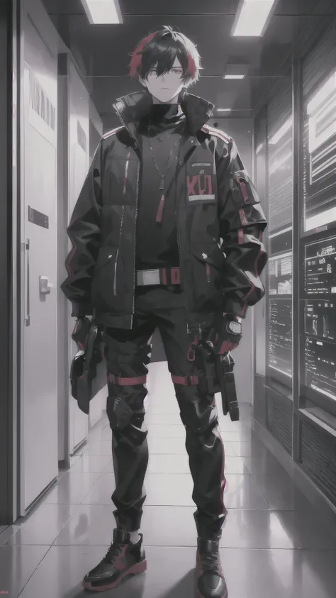 ((((dramatic))), (((Grainy))), (((intense))) film poster featuring a 1
arafed male in black jacket and red shoes standing in front of a wall, wearing urban Techwear, Techwear occultist,  Dark apocalyptic style, Techwear!! Complex, All-black cyberpunk outfi...