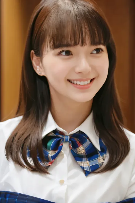 masterpiece, close up of face, front-facing view, a Japanese young pretty woman, 17 years old, (Bouncing cheerfully), Gorgeous figure, Wearing a short-sleeved white collared shirt and a shiny red satin plain bow tie, Wearing a blue tartan plaid skirt, abso...