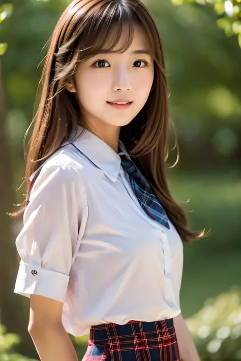 masterpiece, close up of face, front-facing view, a Japanese young pretty woman, 17 years old, (Bouncing cheerfully), Gorgeous figure, Wearing a short-sleeved white collared shirt and a shiny red satin plain bow tie, Wearing a blue tartan plaid skirt, abso...