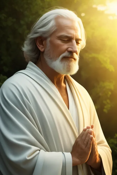 Realistic image of a compassionate and benevolent Father God, depicted in Caucasian features, wearing a robe of ethereal light. His expression is gentle, displaying deep empathy and mercy towards all beings. His eyes, full of warmth, seem to radiate love a...