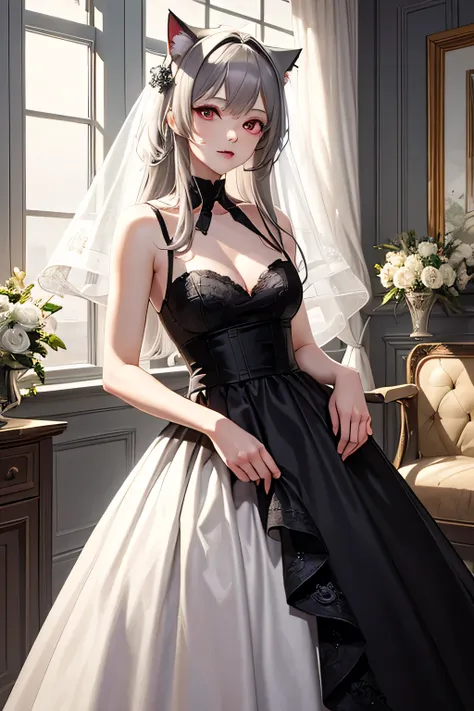 (masterpiece, highest quality, highest quality, Official Art, beautifully、aesthetic:1.2), 
highest quality，Gray Hair，Long Straight，Cat ear，vampire，Wedding dress，18-year-old，Red eyes