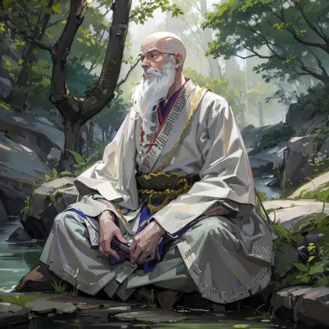 an old man，White beard，Baldhead，Taoist monk costume，Wearing monastic robes，In the woods，Sitting cross-legged on a rock and meditating。Medium shot composition，Full body pictures，color，Anime illustration style，HD，4K。