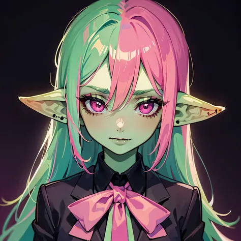 1 girl, portrait, goblin girl, green skin, pink hair, long hair, lip piercing, pink eyes, black shirt, black tie, black lipstick, black eye makeup, happy, black background, hands behind back, office lady, business suit, close-up, symmetrical ears