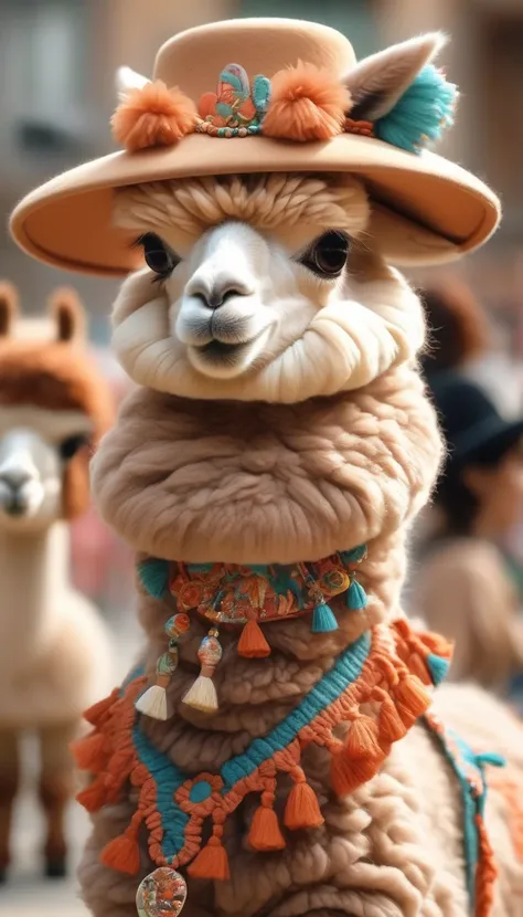 in style of Gouache artwork , portrait,(Cute alpaca fashion show), Alpaca is anthropomorphized with makeup,whole body,Fashion trends for summer 2024,Khaki,milky,Charming Alpaca,Enchanting Alpaca,Walking on a catwalk,Dynamic poses,Cool,Cute big eyes,necklac...