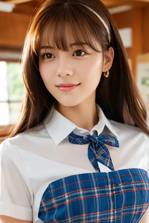 masterpiece, close up of face, front-facing view, a Japanese young pretty woman, 17 years old, (Bouncing cheerfully), Gorgeous figure, Wearing a short-sleeved white collared shirt and a shiny red satin plain bow tie, Wearing a blue tartan plaid skirt, abso...