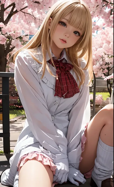 masterpiece, best quality, 1girl, blonde hair, blue eyes, boots, dress, fingerless gloves, frills, full body, gloves, knee boots, lips, long hair, skirt, solo, masterpiece, best quality, (extremely detailed CG unity 8k wallpaper, masterpiece, best quality,...