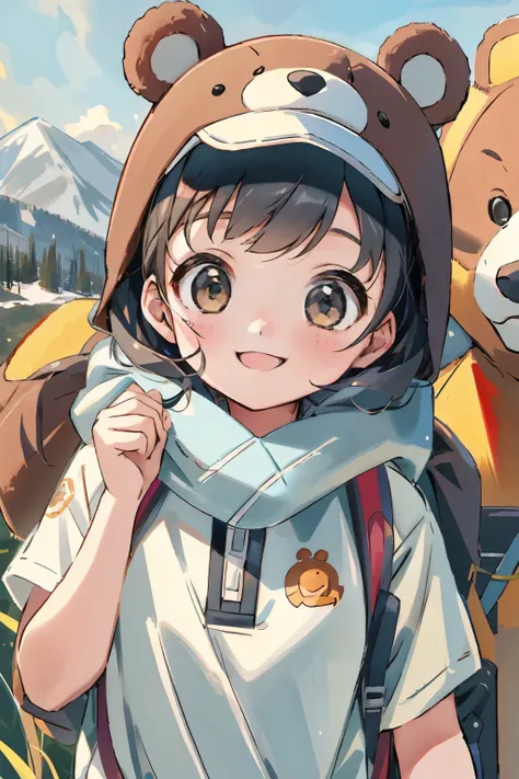 A girl goes hiking with a big bear mascot、smile