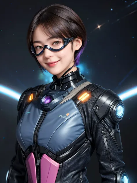 210 Short Hair, 20-year-old woman, Floral, A kind smile, Futuristic clothing, Mechanical Suit, (The background is a galaxy and nebula), (Futuristic goggles)