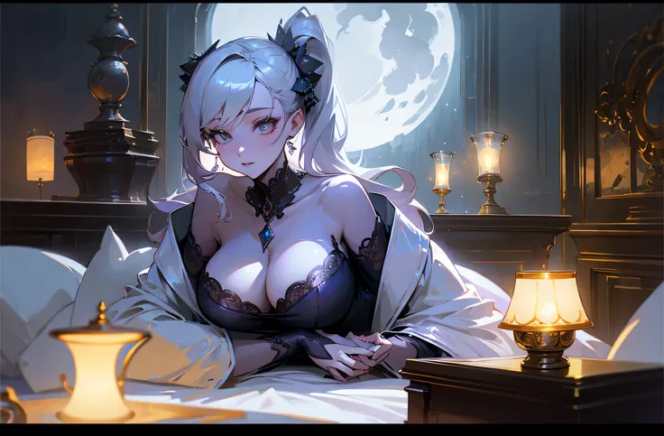 A woman in a bathrobe is lying on the bed、The large window behind offers a beautiful night view.、big breasts、sexy、dimly lit room、moonlight、exposed、Downlight、On your back、silver hair、There is a teacup on the table、There is a brick fireplace、full moon