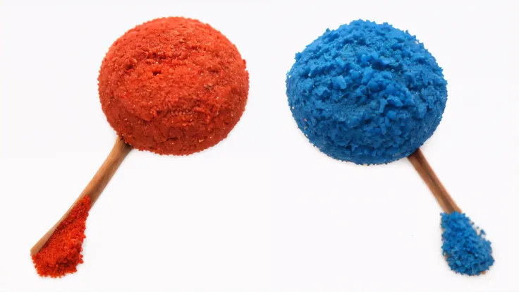 chicken legs in red and blue breadcrumbs, bread batter red and blue crumbs, beautiful light, bright announcement, realistic texture, realistic style, detailed texture, Bright lighting, beautiful light source, macro photography, ultra 4k hd