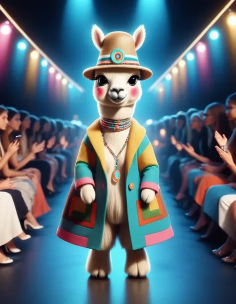 in style of Patchwork , portrait，（Cute alpaca fashion show）， Alpaca is anthropomorphized with makeup，whole body，Fashion trends for summer 2024，Khaki，milky，Charming Alpaca，Enchanting Alpaca，Walking on a catwalk，Dynamic poses，Cool，Cute big eyes，necklace，hat，...