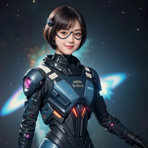 210 Short Hair, 20-year-old woman, Floral, A kind smile, Futuristic clothing, machinery suit, (The background is a galaxy and nebula), (Futuristic goggles)