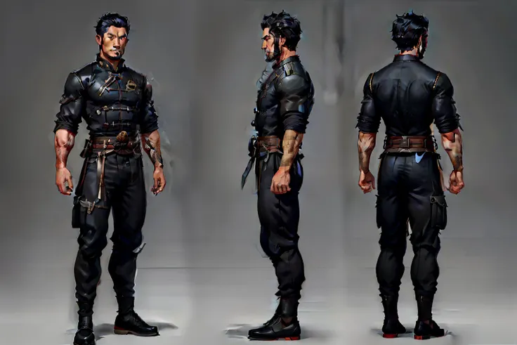 ((three sided view,full bodyesbian,background,multiple views,A high resolution)),Black clothes,Chinese male blacksmith,  full body character concept, Detailed character design, China costume