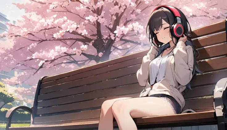 ((best quality)), ((masterpiece)), (detailed), perfect face, sitting under the cherry blossom tree, listening to music, One woman, wearing headphones, eyes closed, wearing underwear, underwear is transparent, sitting on a bench