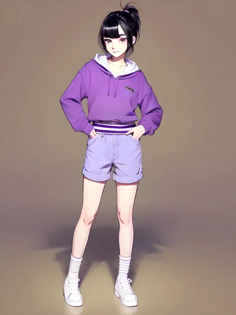 draw me a picture of a girl with black hair, yellow eyes, long shorts and brown eyebrows.  let her shoes be white.  let her eyebrows be purple in color.  let the girl stand on her feet.