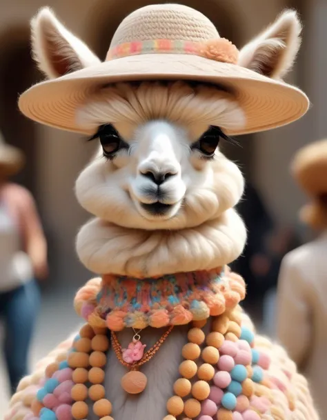 Dot Art , portrait，（Cute alpaca fashion show）， Alpaca is anthropomorphized with makeup，whole body，Fashion trends for summer 2024，Khaki，milky，Charming Alpaca，Enchanting Alpaca，Walking on a catwalk，Dynamic poses，Cool，Cute big eyes，necklace，hat，Fashion，Cartoo...