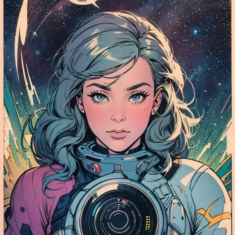 ultimate best quality,beautiful woman,speech bubble,big brest,galaxy,60s,70s,80s,colorful,cosmo,space,