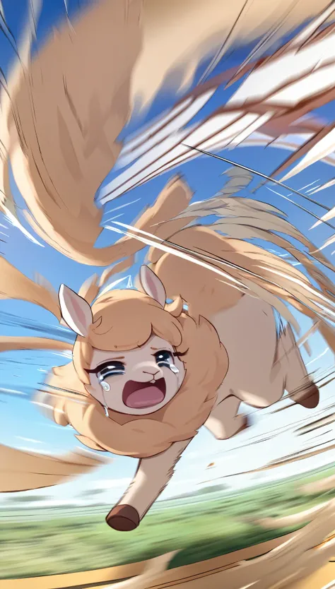 super deformed, furry, funny, masterpiece, cute alpaca running away crying, wind, wind-effect, motion-blur, action-lines, speed-lines