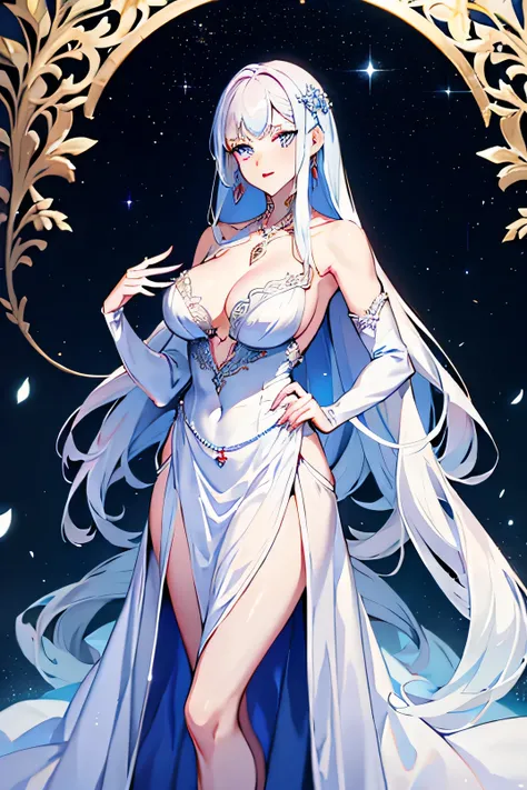 Female character , mature woman , moonlight ice blonde long hair coming down to waist, matching blue eyes , red lips , chest to waist proportion is very good . Give her a formal dress code like Royal dress,