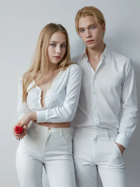 draw me a picture of a girl with blond hair, blue eyes and a white blouse.  let him hold a red rose in his hand.  let there be a boy with black hair and long pants next to him.