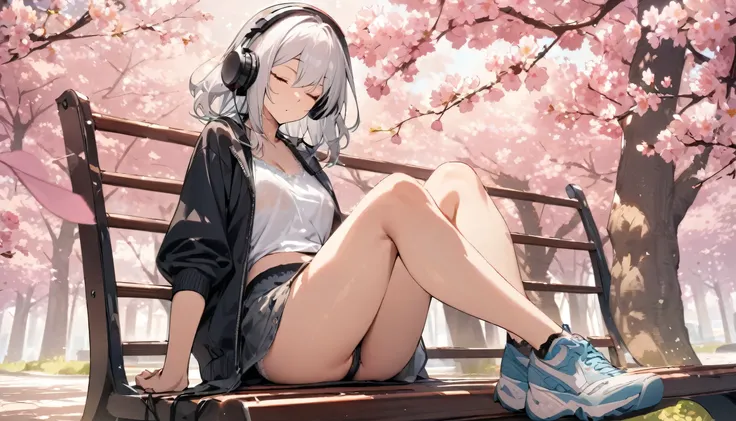 ((best quality)), ((masterpiece)), (detailed), perfect face, sitting under the cherry blossom tree, listening to music, One woman, wearing headphones, eyes closed, wearing underwear, underwear is transparent, sitting on a bench