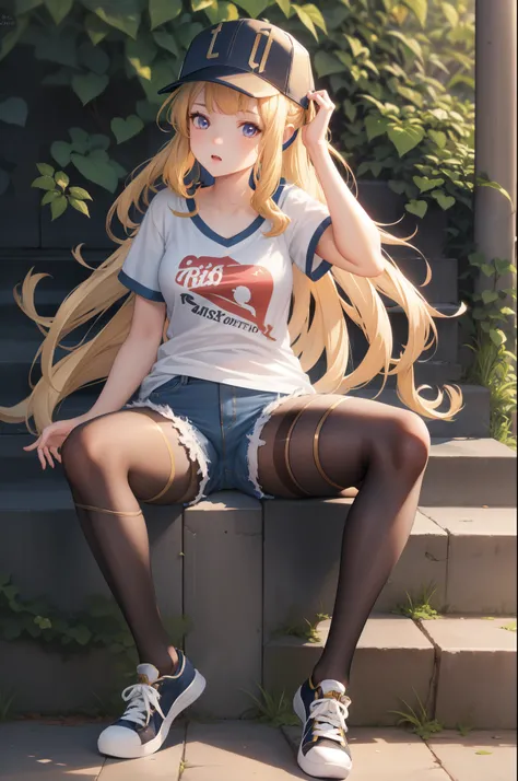 masterpiece, best quality, absurdres, perfect anatomy, 1girl, solo, Cagliostro, long hair, baseball cap, t-shirt, denim shorts, pantyhose under shorts, sitting, stairs, outdoors, city, sneaker, from side, head rest