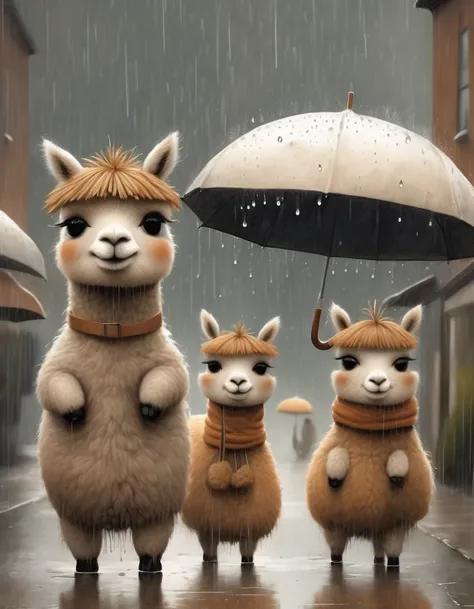 captivating full-body caricature re-created in the style of jon klassen and sam toft: alpacas under umbrellas, raindrops, modern...