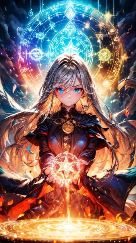 (Ultra HD,masterpiece,extremely meticulous:1.37),portrait,All magic circles,Rainbow magic circle,Full color magic circle,Water, fire, wood, electricity, earth, light, darkness, wind, ice, and gold summon time and space,Multiple series of magic,Dazzling mag...